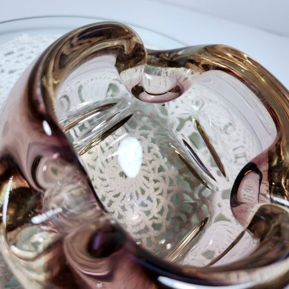 Art Glass Bowl Purple and Amber Rolled Edge Mid Century Home Decor - Picture 9 of 11